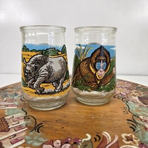 WELCH'S JELLY JAR‎ GLASS Endangered Species Black Rhino/ Mandrill Set Of 2 #2,7